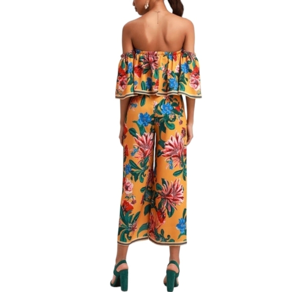 LULUS Honolulu Golden Yellow Floral Print Off-the-Shoulder Jumpsuit Womens Sz L - Picture 3 of 14